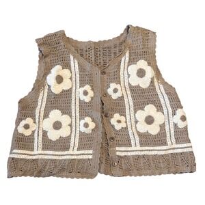 Vintage Crochet Flower Vest Taupe White Boho Sleeveless Button Up